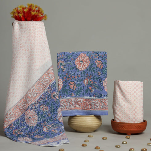 Floral Jaal Hand Block Print Cotton Suit Set with Mulmul Dupatta (PRMUL08)